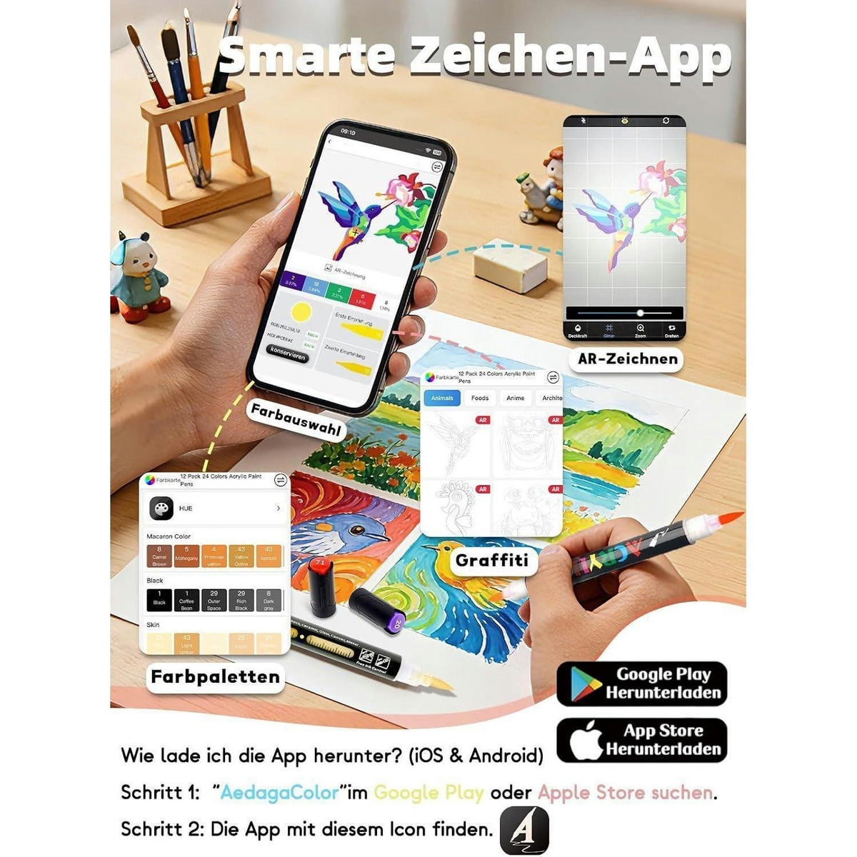 ACRYLSTIFTE Set 60 Stück mit App Doppelspitze 120 Farben - Multicolor, Kunststoff (1/1/14cm)