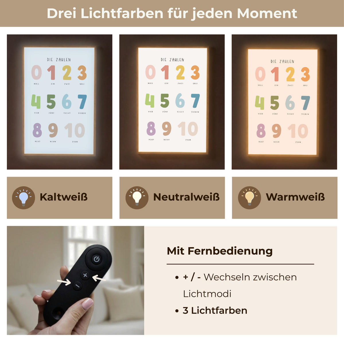 NACHTTISCHLAMPE MIT AKKU Pädagogisch - Zählen lernen - Weiß - Farben - 1-10 70x100 cm - Weiß, Holzwerkstoff (8/70/100cm) - OnlyWow