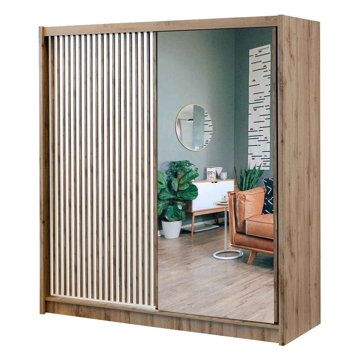 SCHWEBETÜRENSCHRANK DRAVEN 203/215/60,5 cm 2-türig mit Spiegel Eiche Wotan - Eiche Wotan/Weiß, Holzwerkstoff (203/215/60.5cm) - MASSENO