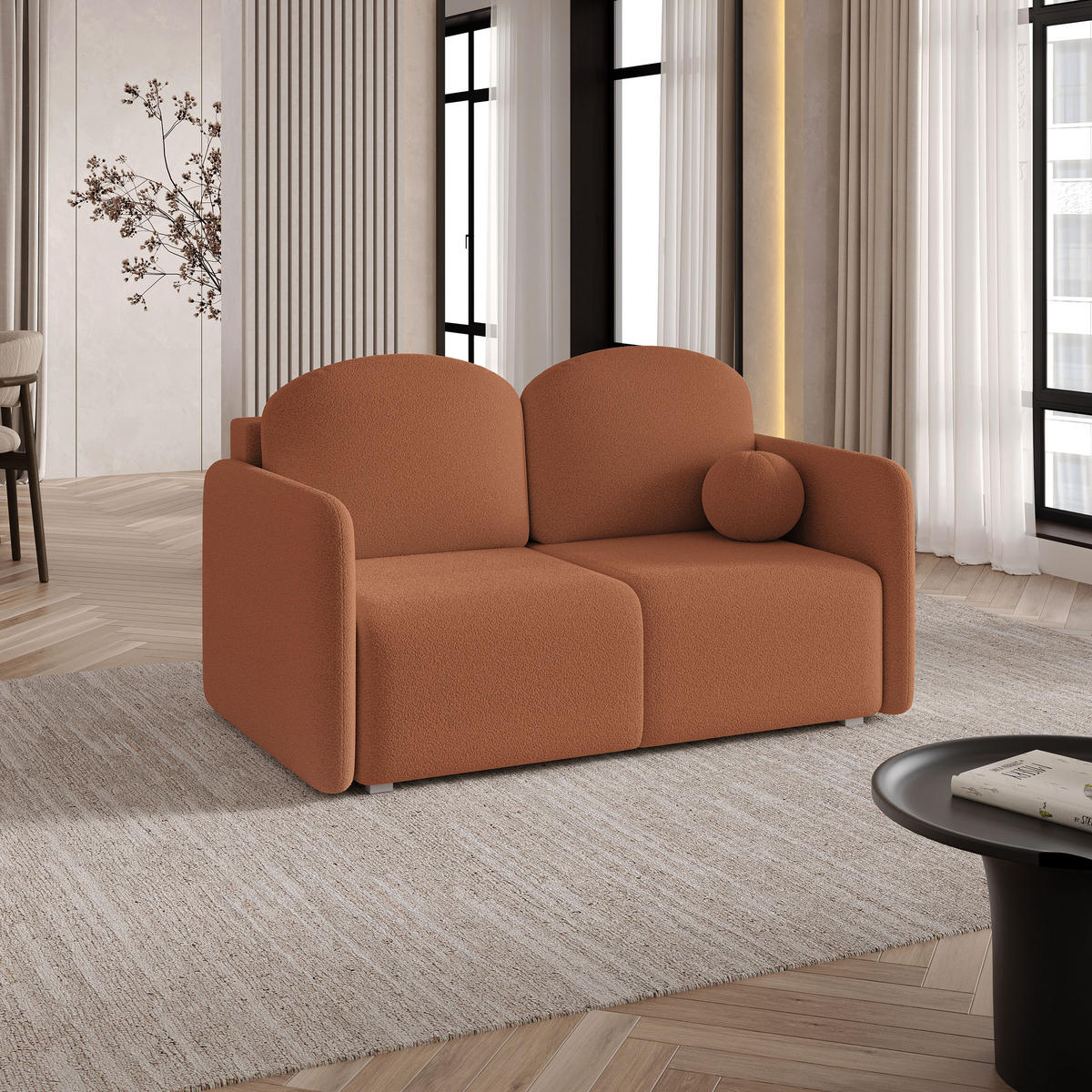 BETTSOFA SUVI II Q Orange Bucle-Stoff mit Schlaffunktion - Orange, Textil (90/85/153cm) - MASSENO