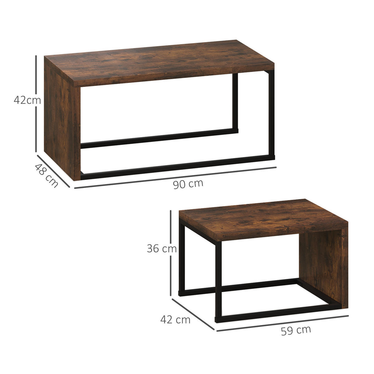 COUCHTISCH 2er-Set, verschiedene Formen, Schwarz+Braun - Braun, Metall (48/90/42cm) - HOMCOM