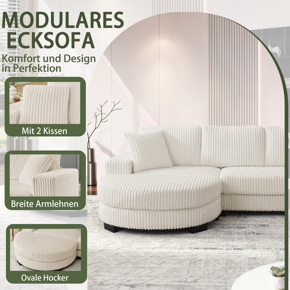 ECKSOFA 256.5/133.5/89 cm Beige Cord mit 2 Kissen und ovaler Fußhocker - Beige, Textil (133.5/89/256.5cm) - Oxeza