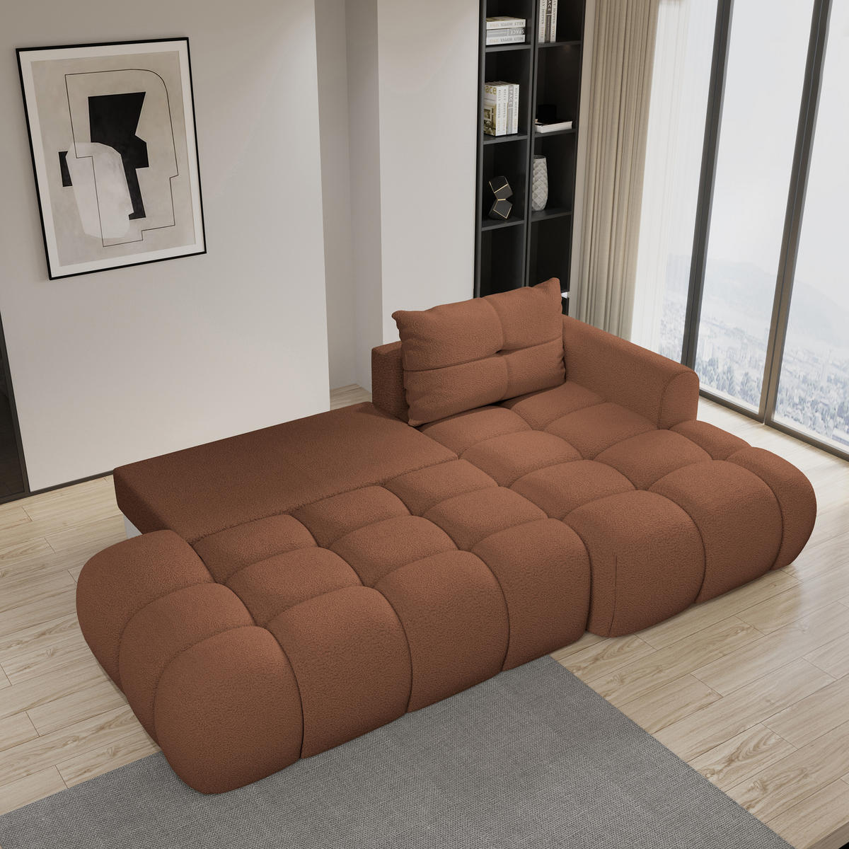 ECKSOFA FLUMA R-S Kupferfarben Boucle-Stoff mit Schlaffunktion - Kupferfarben, Holz (274/165cm) - MASSENO