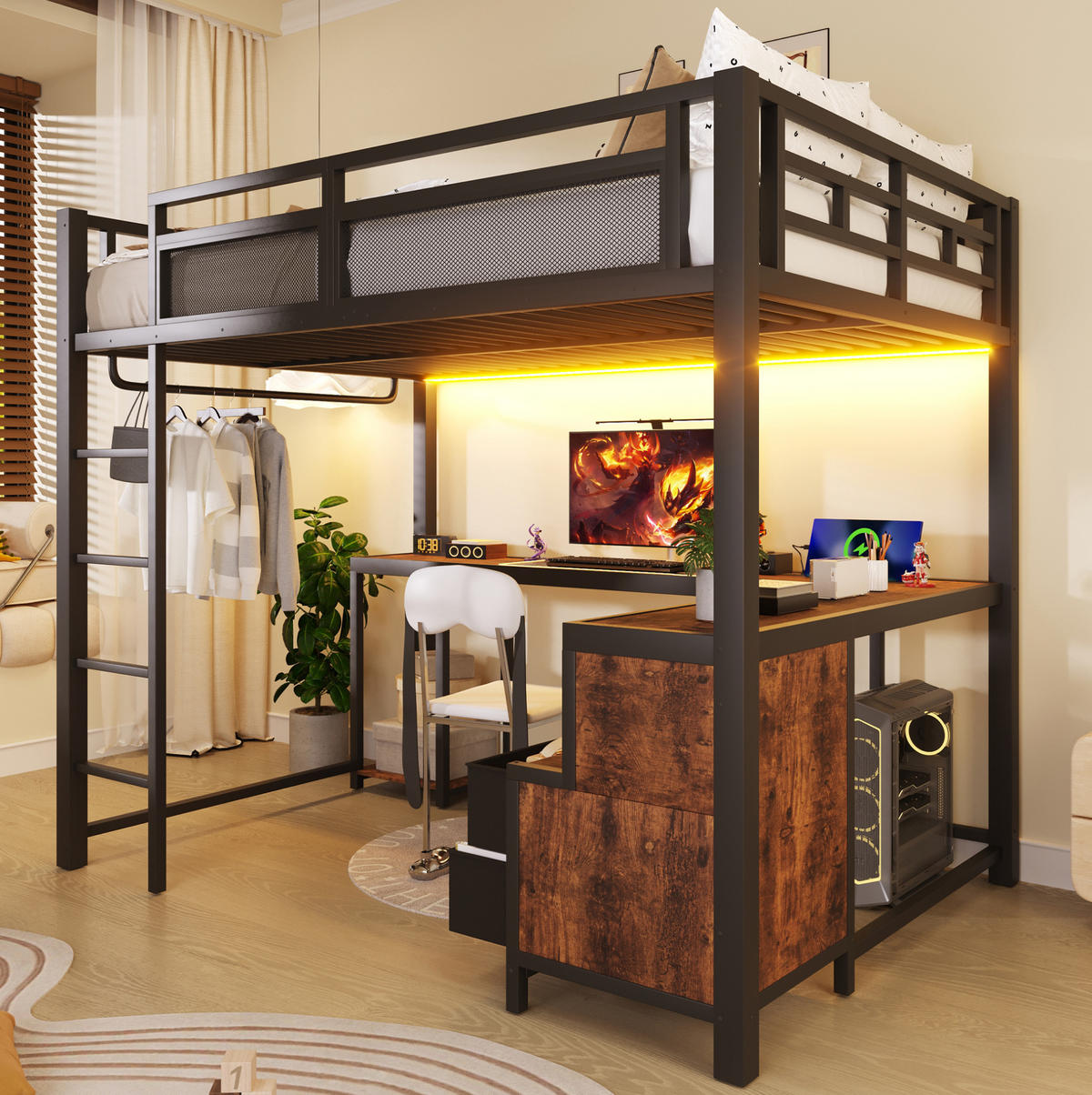 HOCHBETT 140/200 cm Schwarz mit LED, USB und Metall - Schwarz, Metall (140/200cm) - MIVRAY