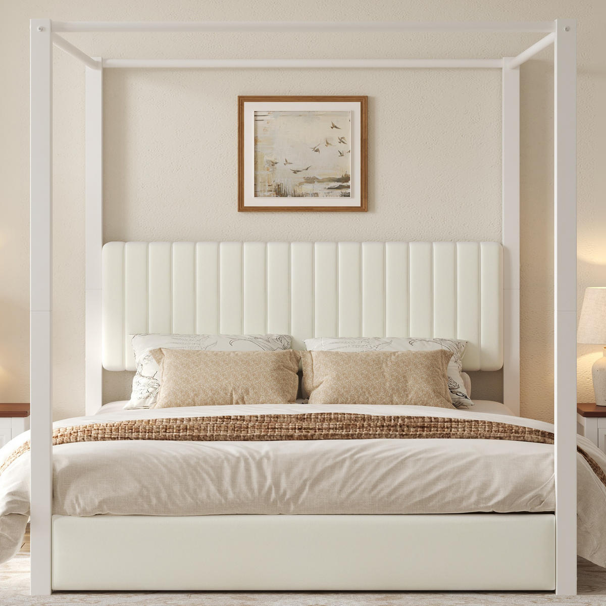 POLSTERBETT 180/200 cm in Beige & Weiß mit Himmelbettgestell, Kopfteil und Metallrahmen Samt Design - Beige/Weiß, Holzwerkstoff/Textil (180/200cm) - STILVORA