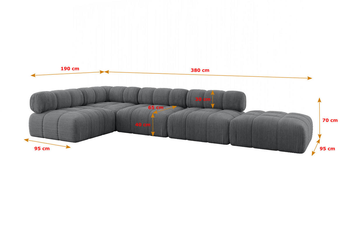 ECKSOFA modulares Sofa Favio-L2 - 380x190x70 cm Dunkelgrau Cord - Dunkelgrau, Holzwerkstoff/Textil (380/190cm) - ALTDECOR