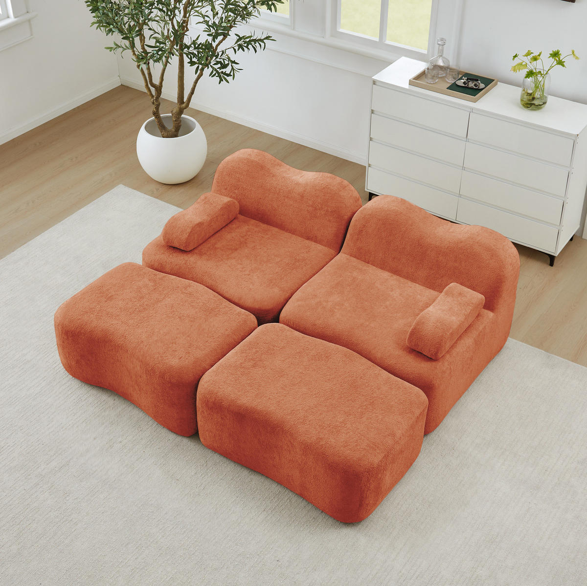 SOFA modular mit Hocker Samt Orange 2-teilig - Orange, Holzwerkstoff (167/70/192cm) - Meubliv