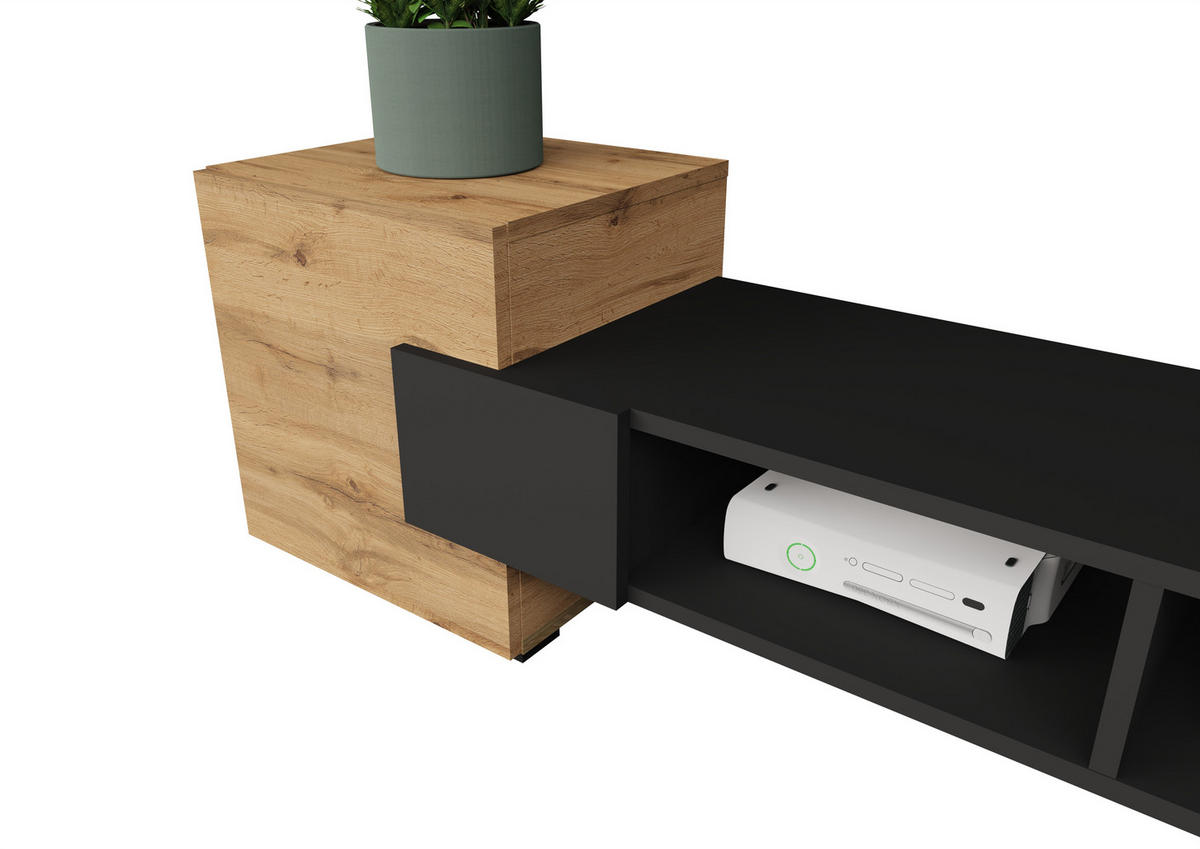 LOWBOARD TV TORINO Hängend + Stehend, Mattes Finish, Schwarz + Eiche Wotan - Eiche Wotan/Schwarz, Holzwerkstoff/Kunststoff (181/40/35cm) - Komodee
