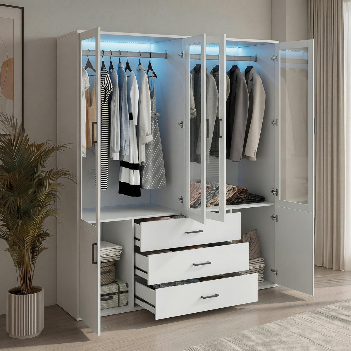 KLEIDERSCHRANK 4-türig Weiß mit Glastüren & LED-Licht - Weiß, Holzwerkstoff (51.8/182/160cm) - SHOPENTRA