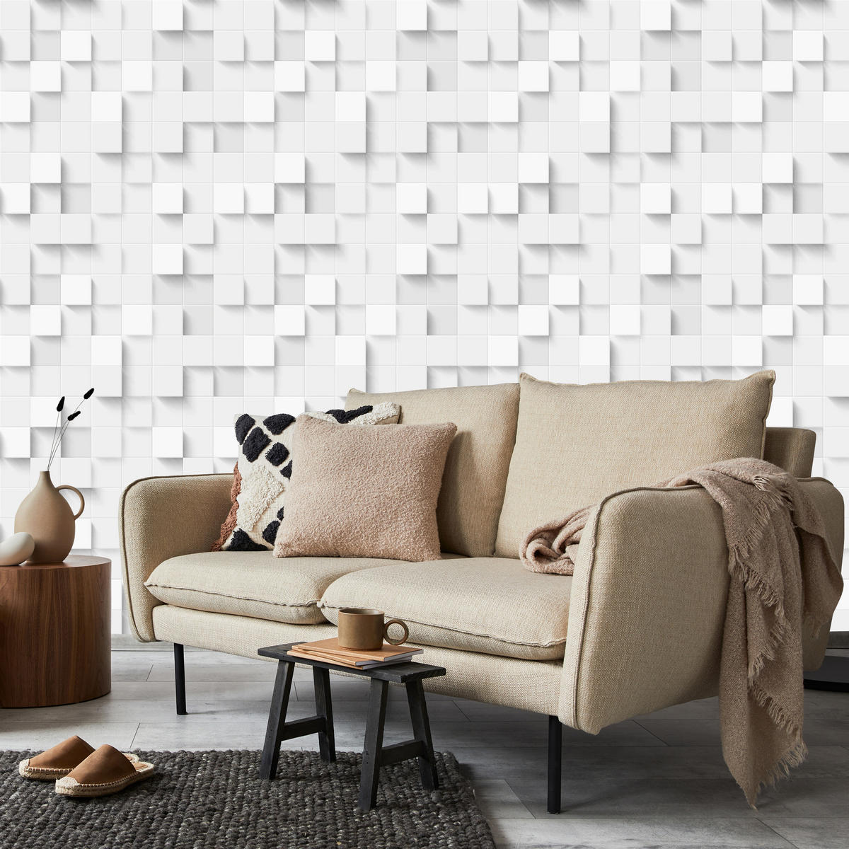 VLIESTAPETE Geometrische Quadrate in 3D-Optik – Weiß, Grau – 50x1000 cm - Weiß/Grau, Papier (50/1000cm) - Muralo