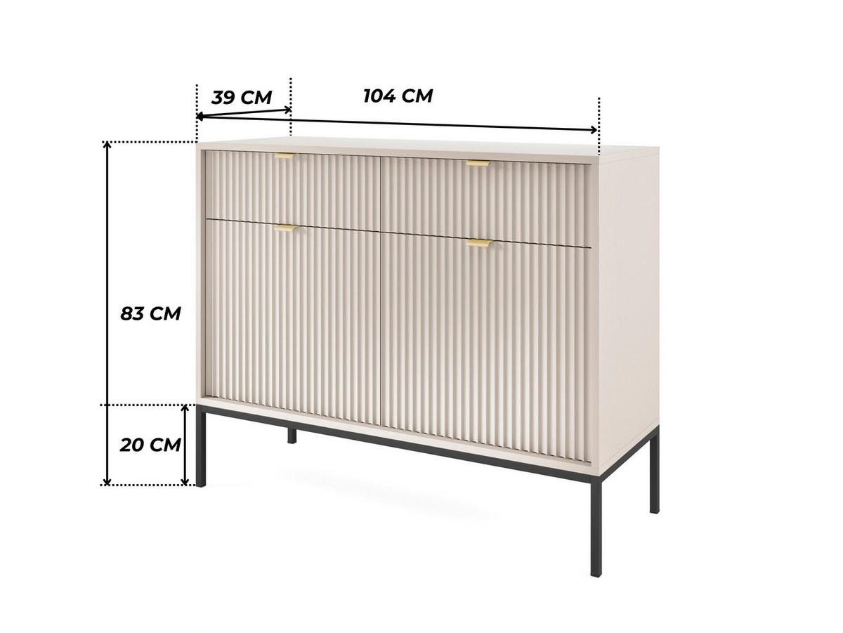 MODERNE Geriffelte Kommode KIOTO K2D2SZ (Kaschmir, Schwarzes Gestell, Soft-Close Türen) - Kaschmir/Goldfarben, Holz/Holzwerkstoff (104/83/39cm) - Ravio