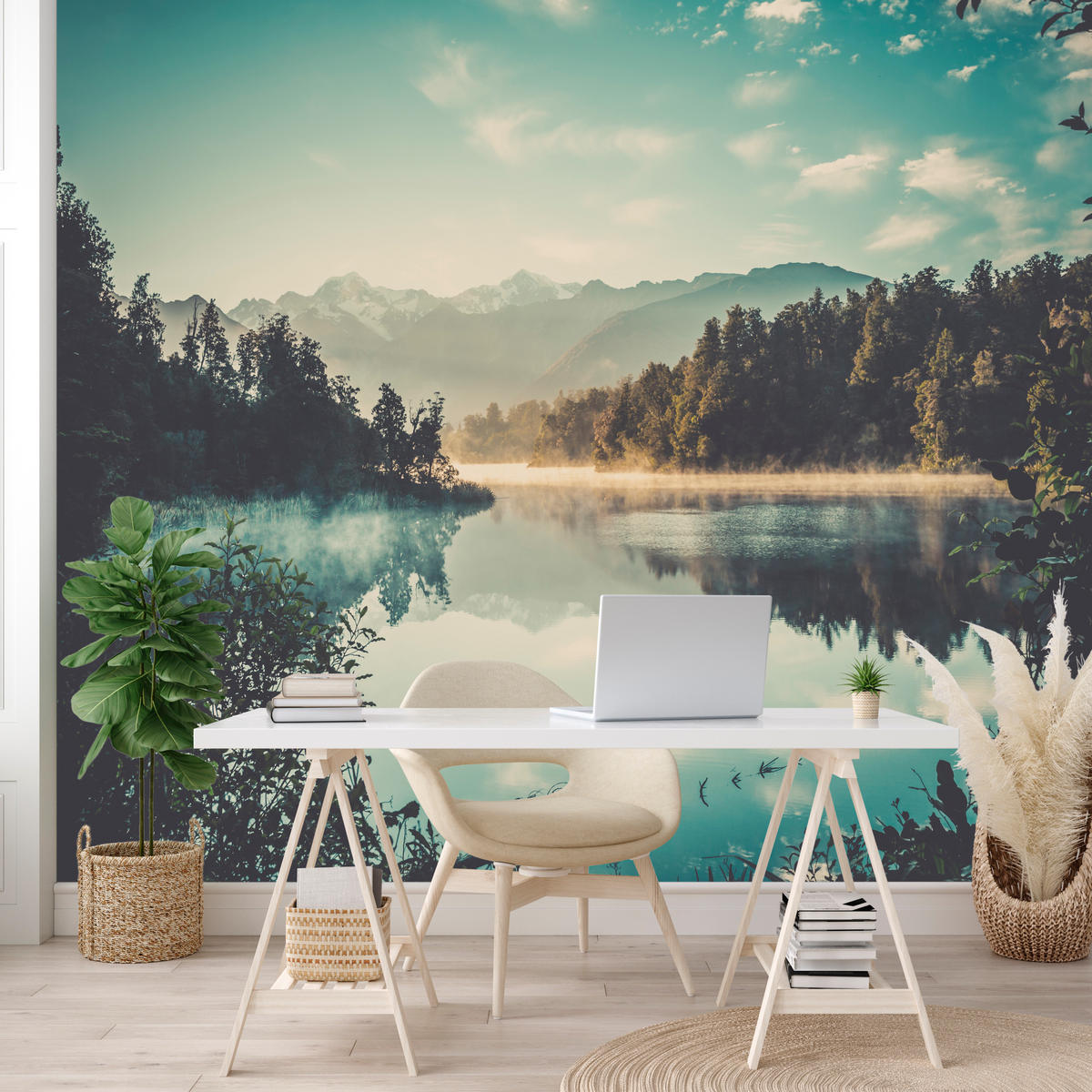 FOTOTAPETE für Esszimmer Bergsee Wald Bäume Nebel 200x140 - Türkis/Gelb, Papier (200/140cm) - Muralo