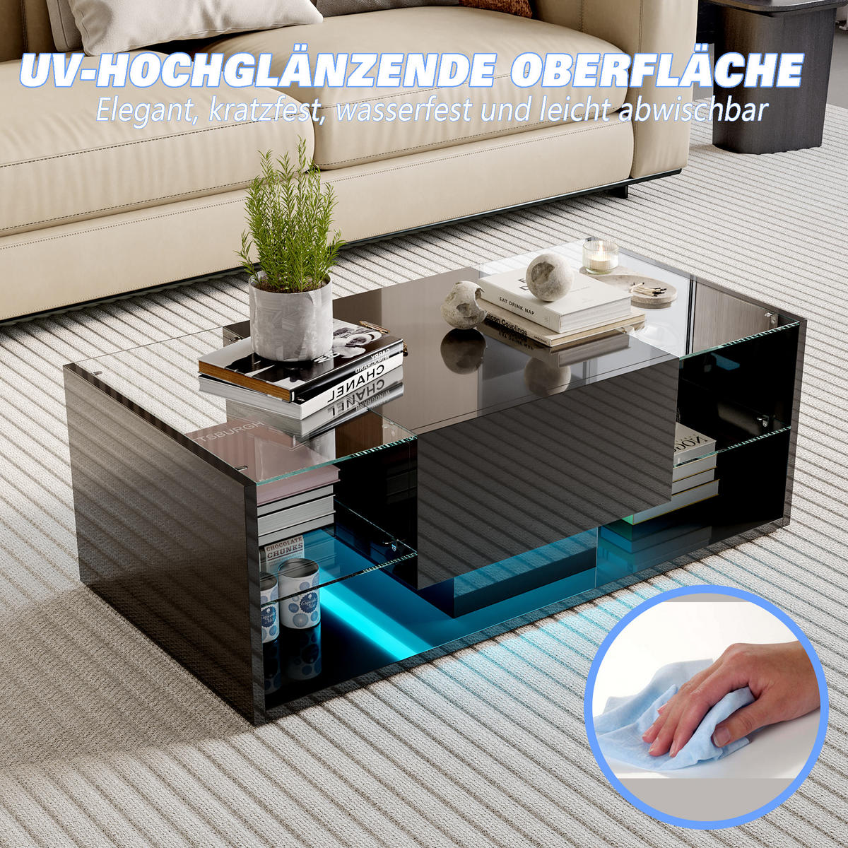 COUCHTISCH Hochglanz Schwarz mit LED, Glas & Aufbewahrung - Schwarz, Metall (100/50/35cm) - SHOPENTRA