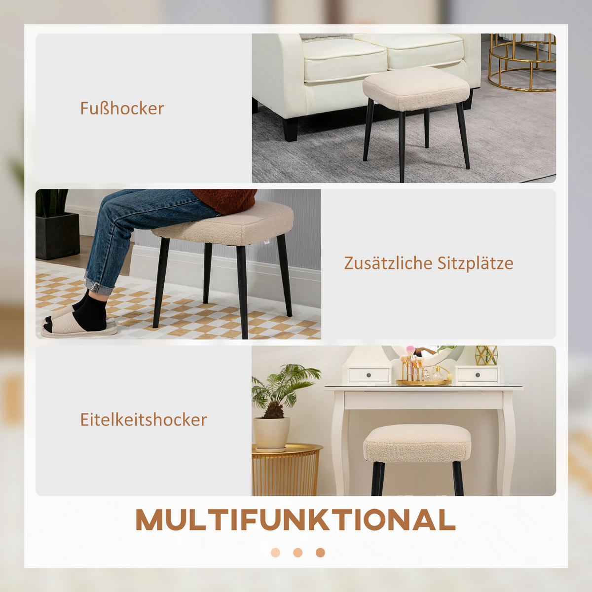 FUSSHOCKER Sitzhocker Quadratischer Schminkhocker mit Kaschmir-Optik, Stahlbeine - Beige, Kunststoff (42/44/42cm) - HOMCOM