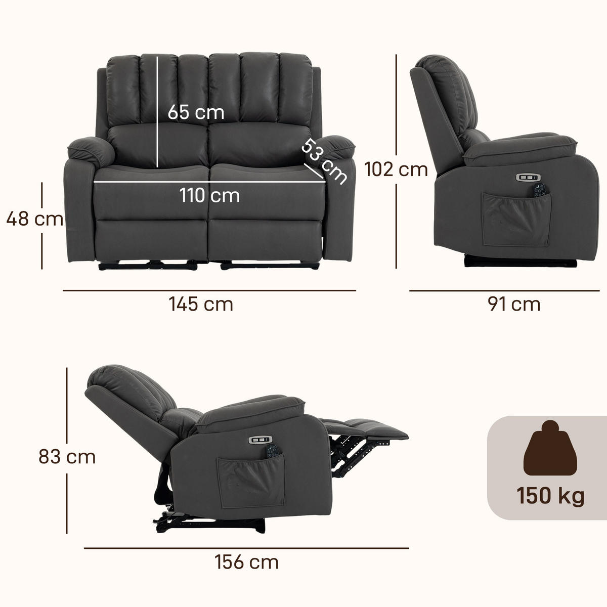 RELAXSOFA Polyester Polyester - Dunkelgrau/Schwarz, Holzwerkstoff/Textil (91/102/145cm) - HOMCOM