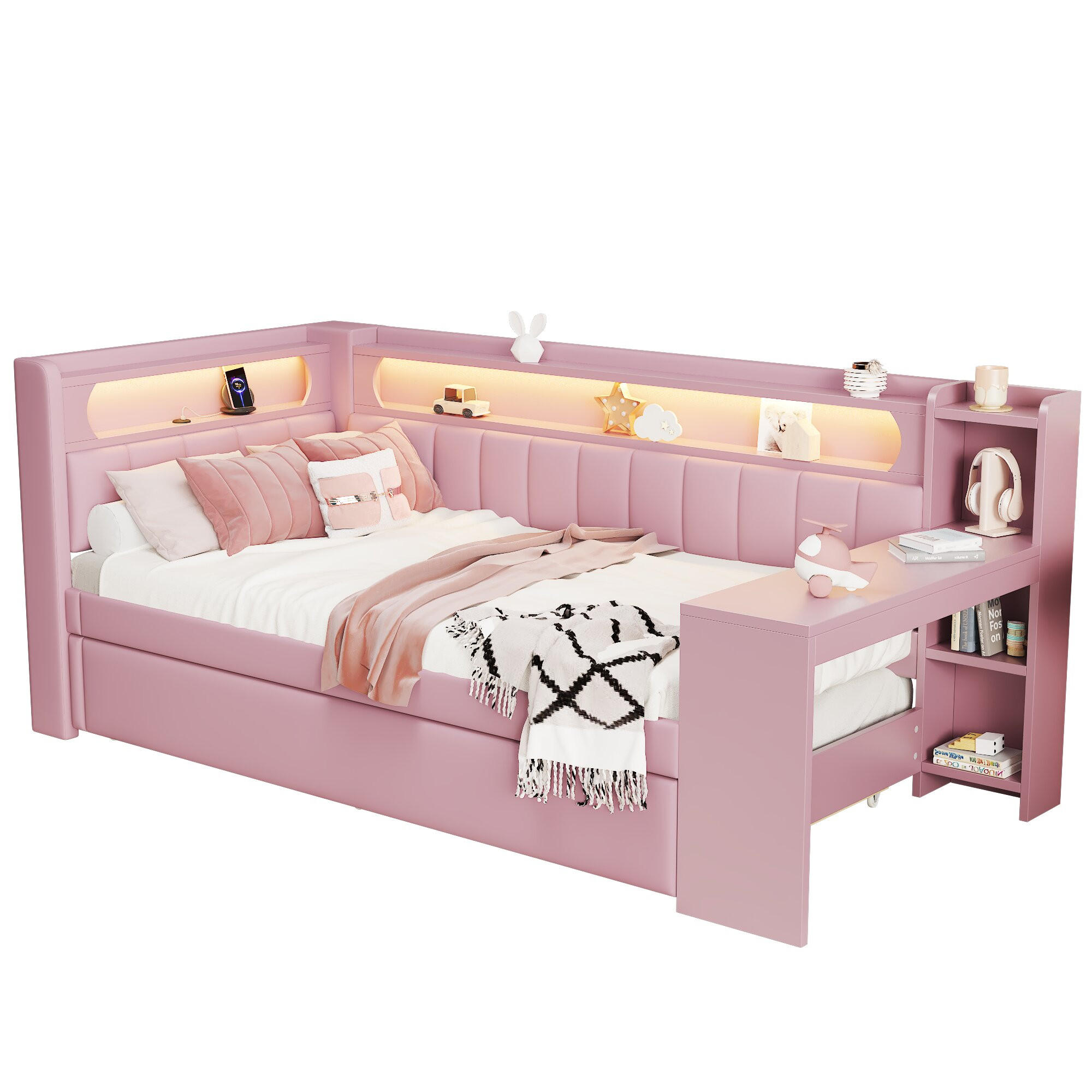 KINDERBETT 90x200cm, USB, LED, Ausziehbett, Schreibtisch, gepolstert, Rosa - Rosa, Holzwerkstoff (90/200cm)