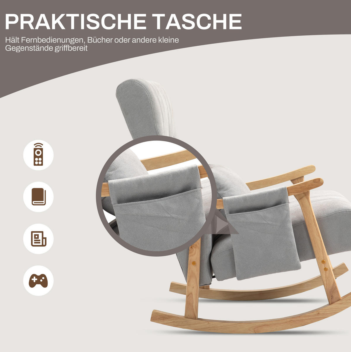 SCHAUKELSTUHL 65/90/98 cm grau aus Polyester mit Nierenkissen und Seitentaschen - Grau, Textil (65/98/90cm) - OKWISH