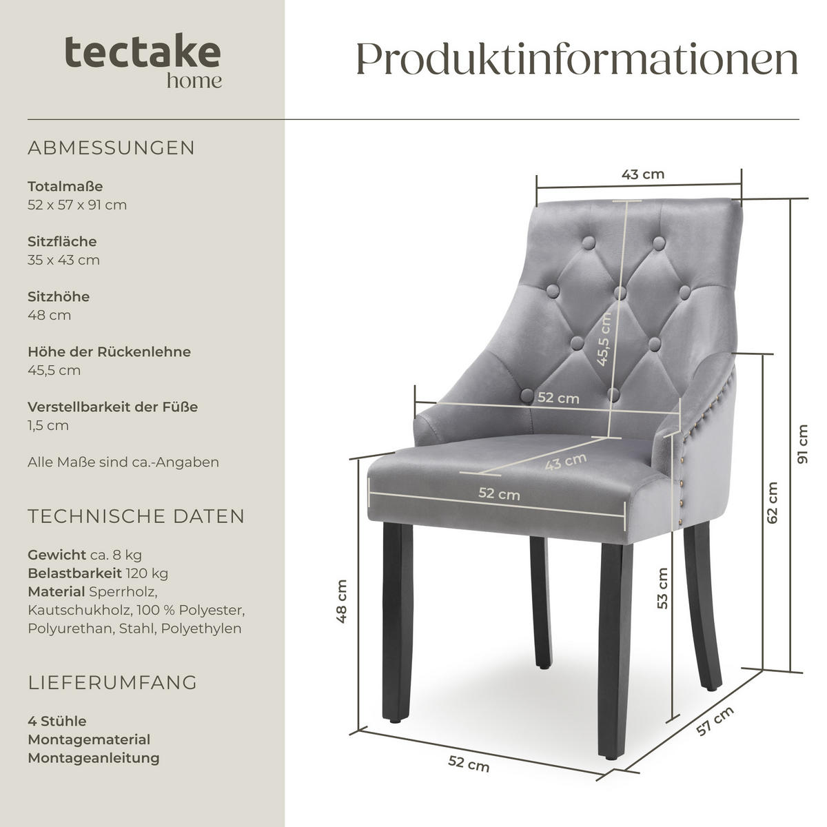 ESSZIMMERSTUHL 4er Set Everdeen,52 x 57 x 91 cm, hellgrau/schwarz - Hellgrau/Schwarz, Holz (52/91/57cm) - tectake