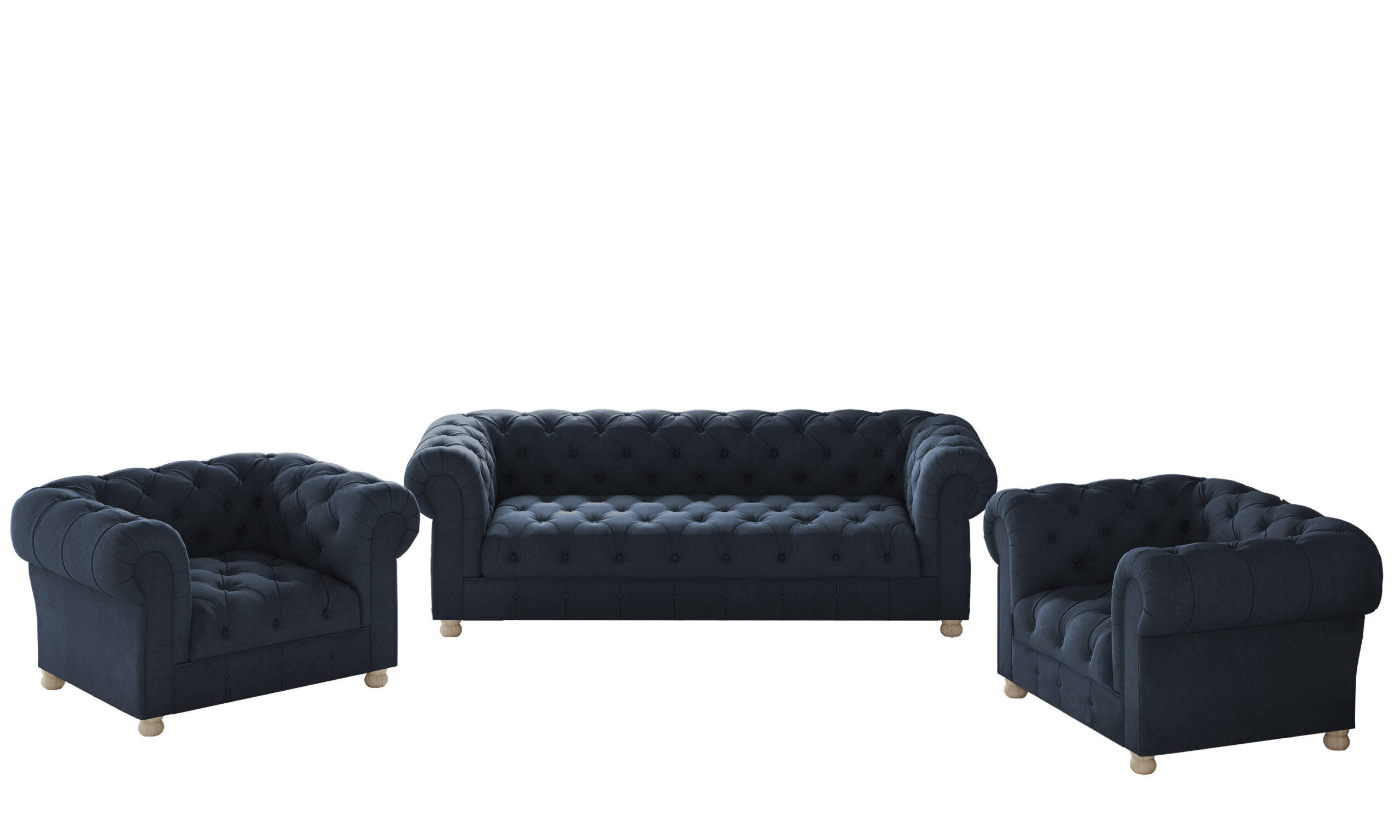 SITZGARNITUR 3+1+1 CHESTERFIELD Elegant Klassisch Schick Stoff Whisper Blau - Blau, Holz (202/77/90cm) - Kaiser Möbel