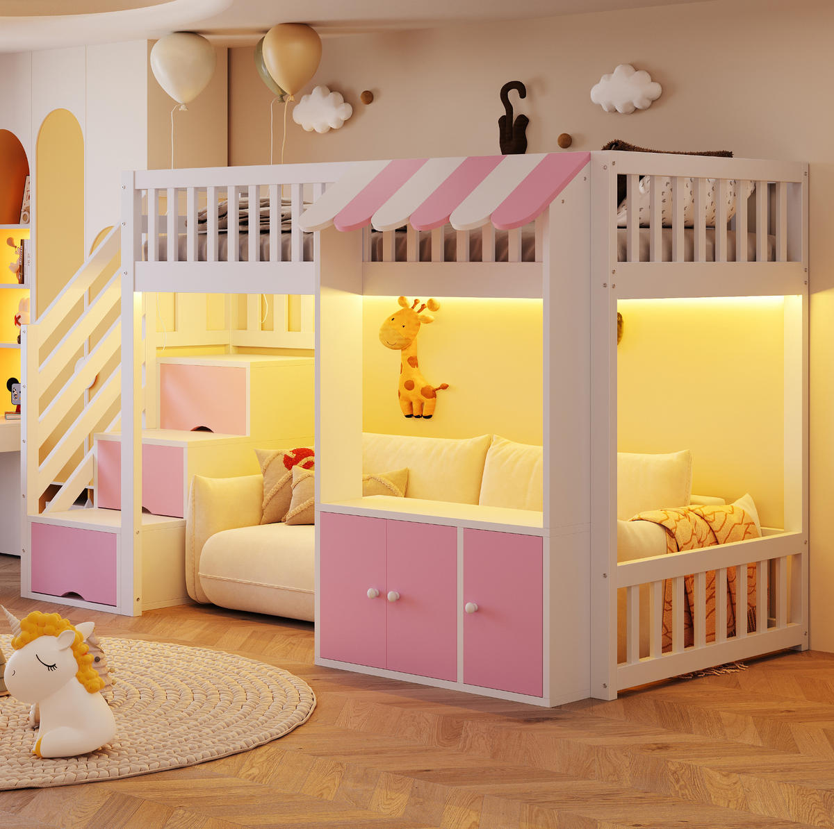 HOCHBETT aus Kiefernholz und MDF 90x200 cm Rosa/Weiß mit Stauraumtreppe, Schrank und LED-Beleuchtung - Weiß, Holz (90/200cm) - Modfu