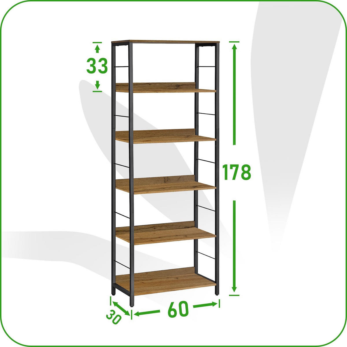STANDREGAL Holzoptik Metall Erlefarben Schwarz 6 Ebenen 178x60x30 cm - Erlefarben/Schwarz, Holzwerkstoff/Metall (60/178/30cm) - Begryf