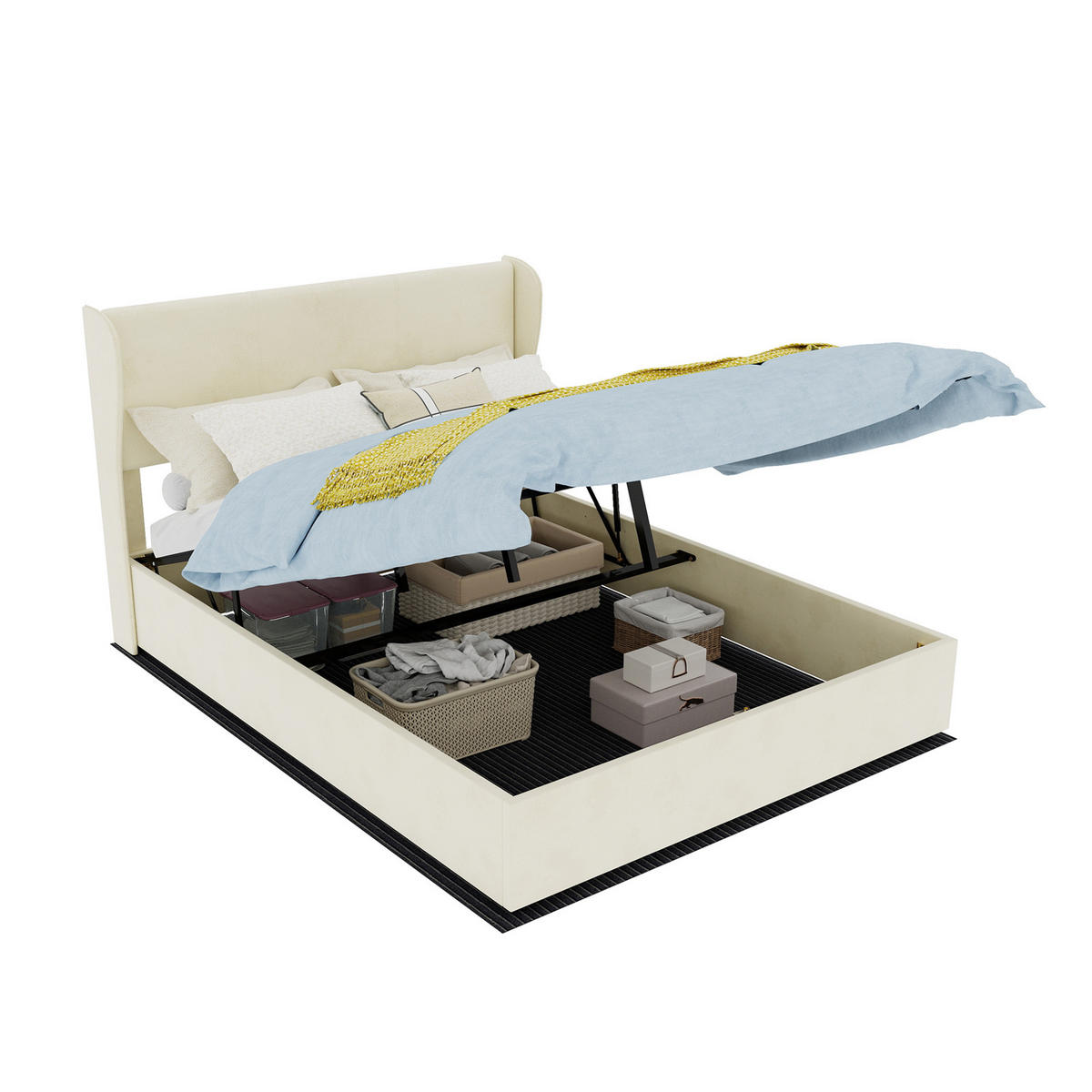 POLSTERBETT 140/200 mit hydraulischem Bettkasten, hohem Unterbau und gepolstertem Kopfteil in Beige - Beige, Holzwerkstoff/Textil (140/200cm) - EVRYAE
