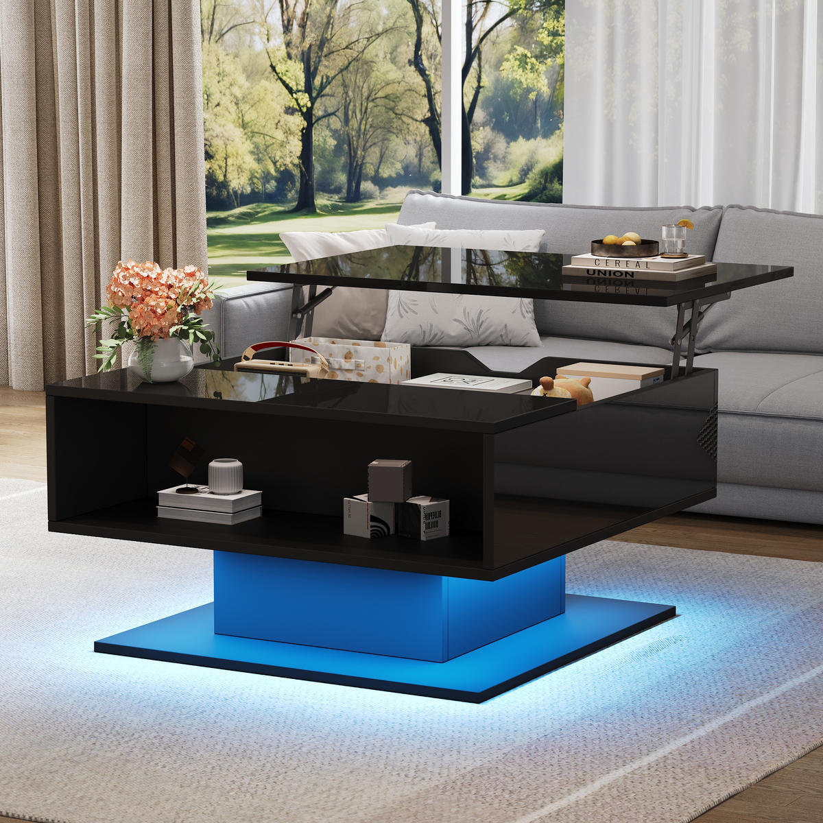 COUCHTISCH in Schwarz mit LED und Stauraum für Wohnzimmer, B80/T75/H40 cm - Schwarz, Holzwerkstoff (80/77/40cm) - STILVORA