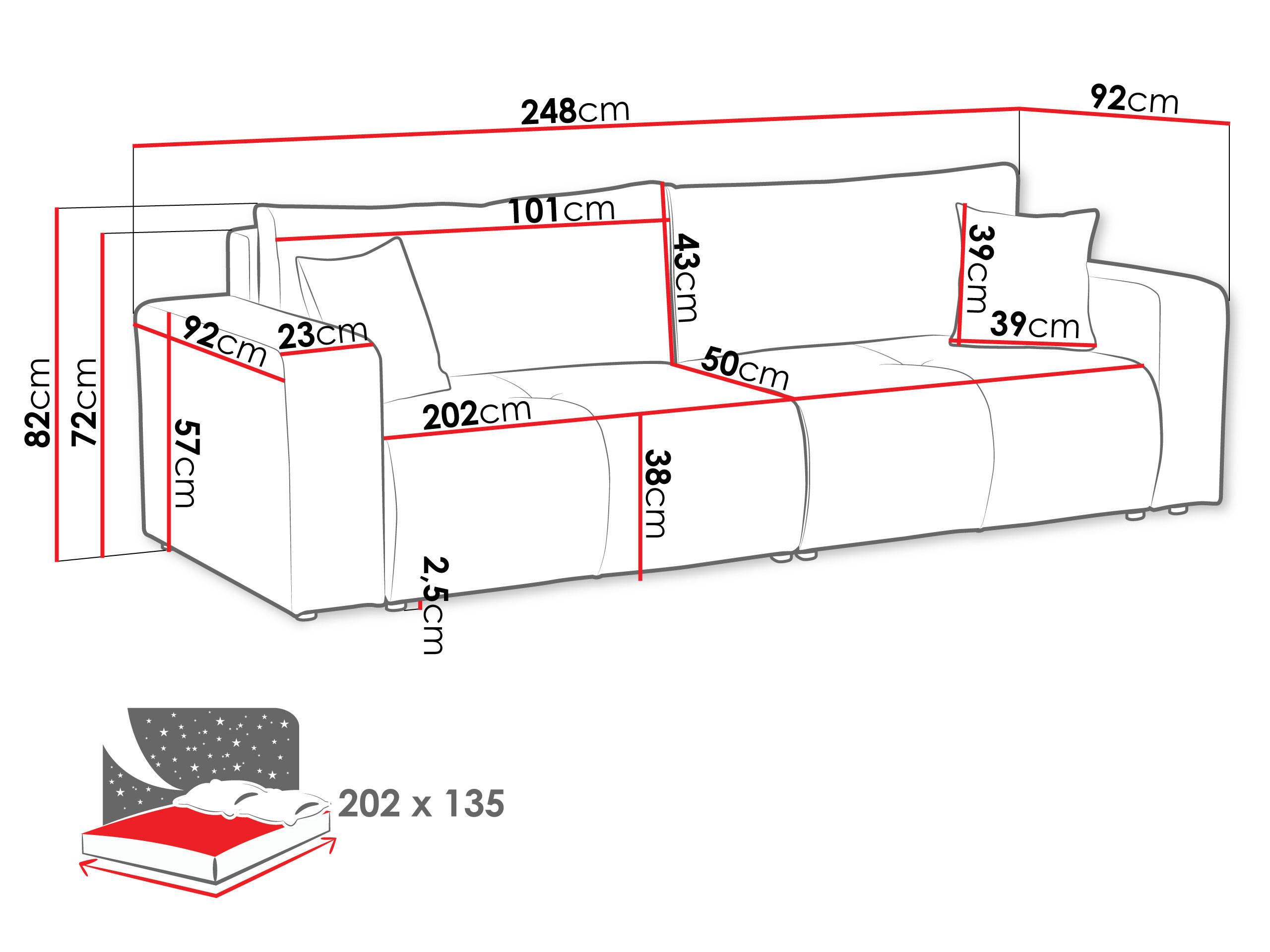 Thumbnail - Mirjan24 Schlafsofa, Dunkelgrau, Textil, 3-Sitzer, L-Form, 248x82x92 cm, Wohnzimmer, Sofas & Couches, Schlafsofas