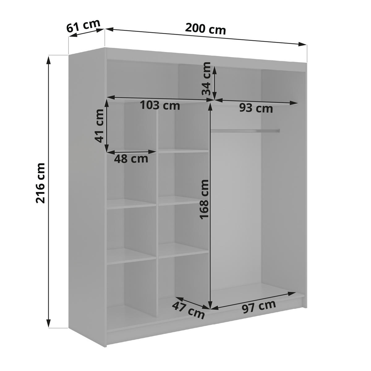 SCHWEBETÜRENSCHRANK mit Lamellen und Spiegel DIANA - 200 - Warmia Walnuss und Schwarz - Walnussfarben/Schwarz, Holzwerkstoff/Metall (200/216/61cm) - MKS