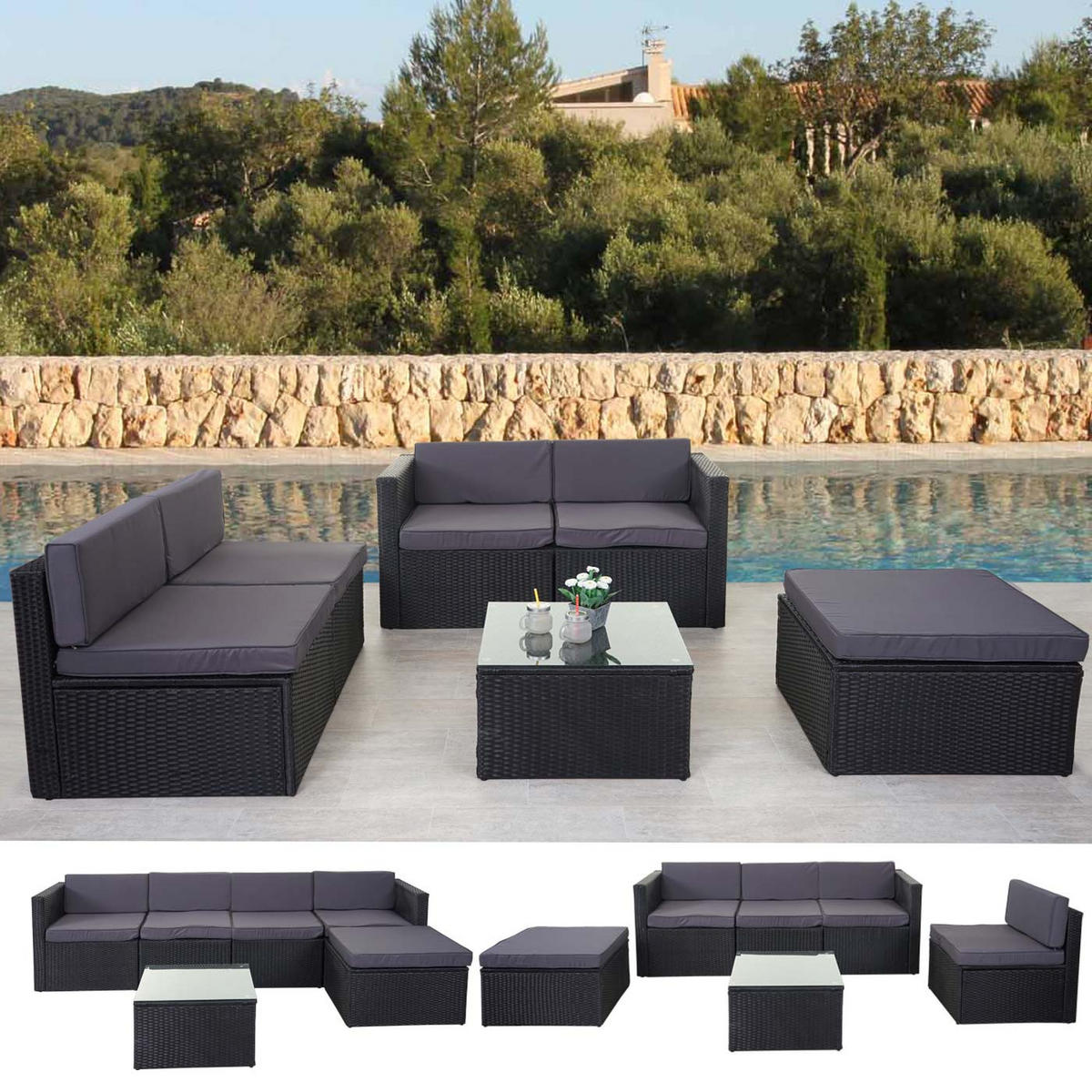 POLY-RATTAN-GARNITUR Anthrazit - Anthrazit, Kunststoff - MCW