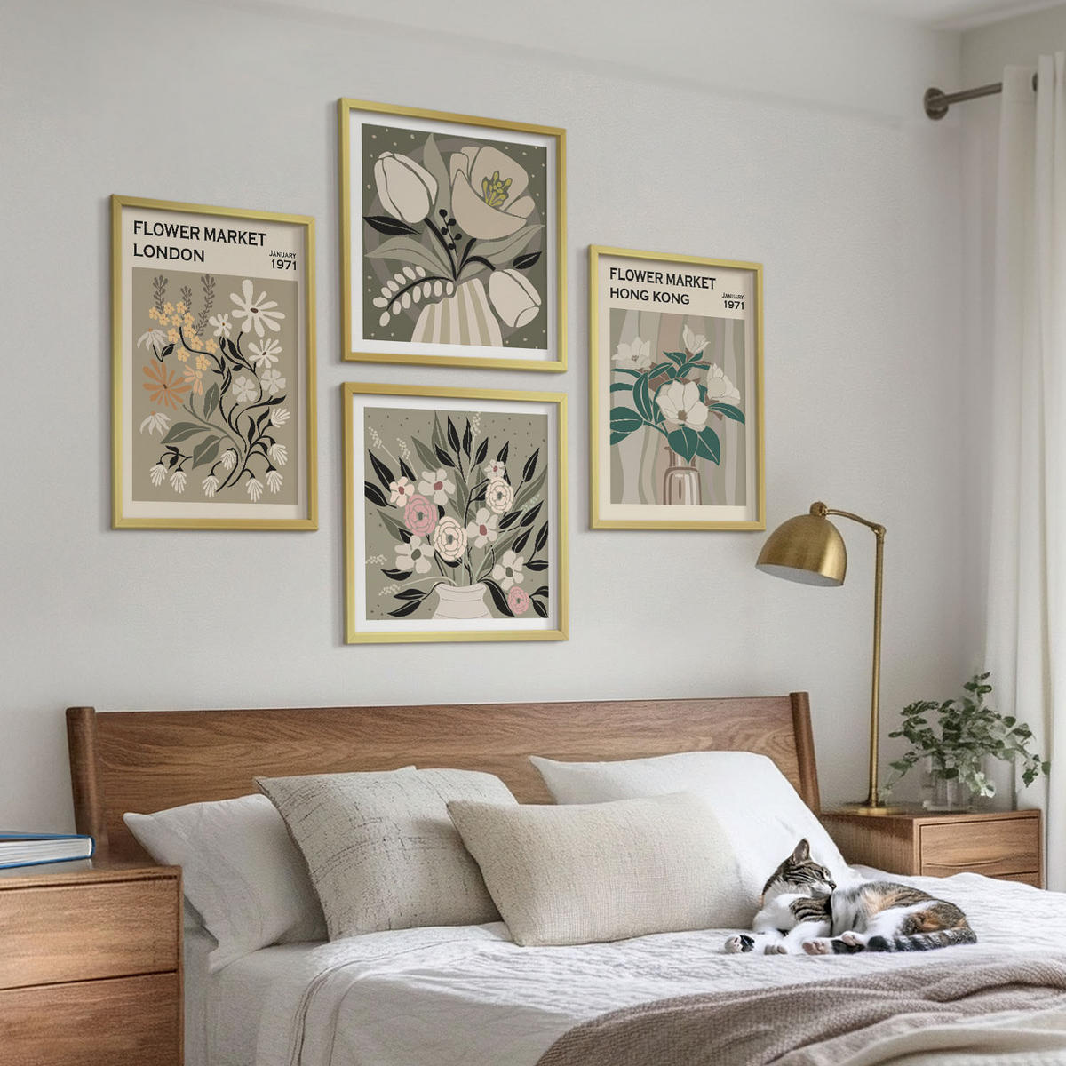 WANDBILDER 4er Set - 50x50 cm & 40x60 cm Goldrahmen - Blumenillustrationen London Hongkong - Goldfarben, Kunststoff (50/50cm) - ArtPrintCave