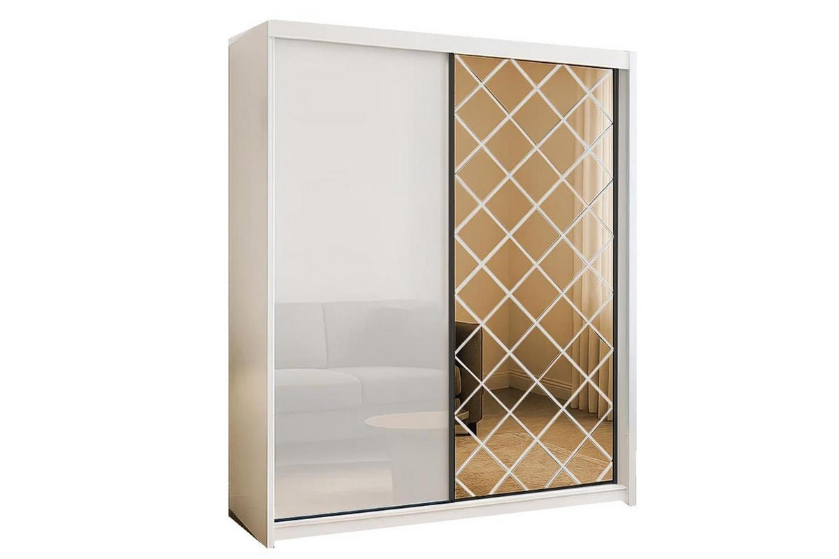 KLEIDERSCHRANK Karo 203 Weiß, zweitüriger Schiebeschrank mit Spiegel - Weiß, Holzwerkstoff (203/216/62cm) - Bettso