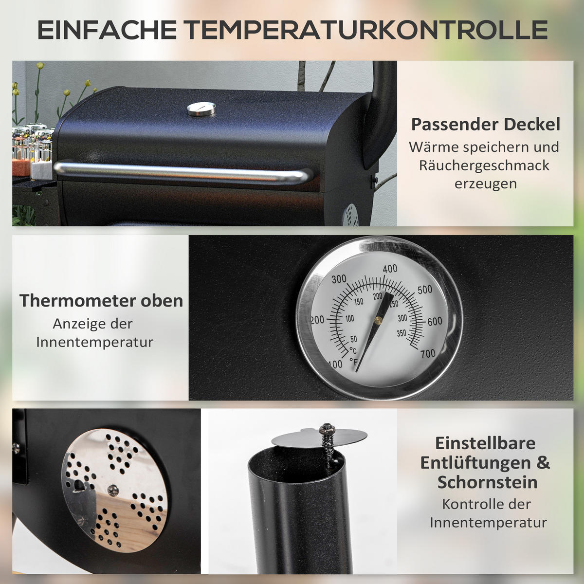 HOLZKOHLEGRILL - Schwarz, Metall (46.5/115/83cm) - Outsunny