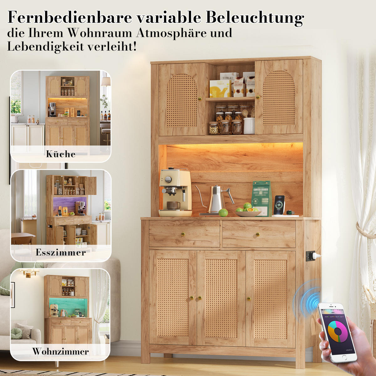 KÜCHENSCHRANK Vorratsschrank mit RGB-LED Steckdosen 5 Rattan-Türen & 2 Schubladen - Naturfarben, Holzwerkstoff (100/180/40cm) - Urban Meuble