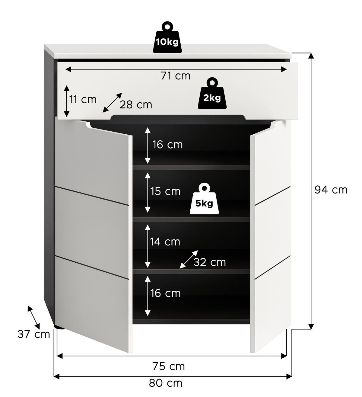 SCHUHKOMMODE weiß, grau, Flurkommode 80 x 94 cm mit Soft-Close, Cooper - Schwarz/Weiß, Holzwerkstoff/Kunststoff (80/94/37cm) - Inn.Furn