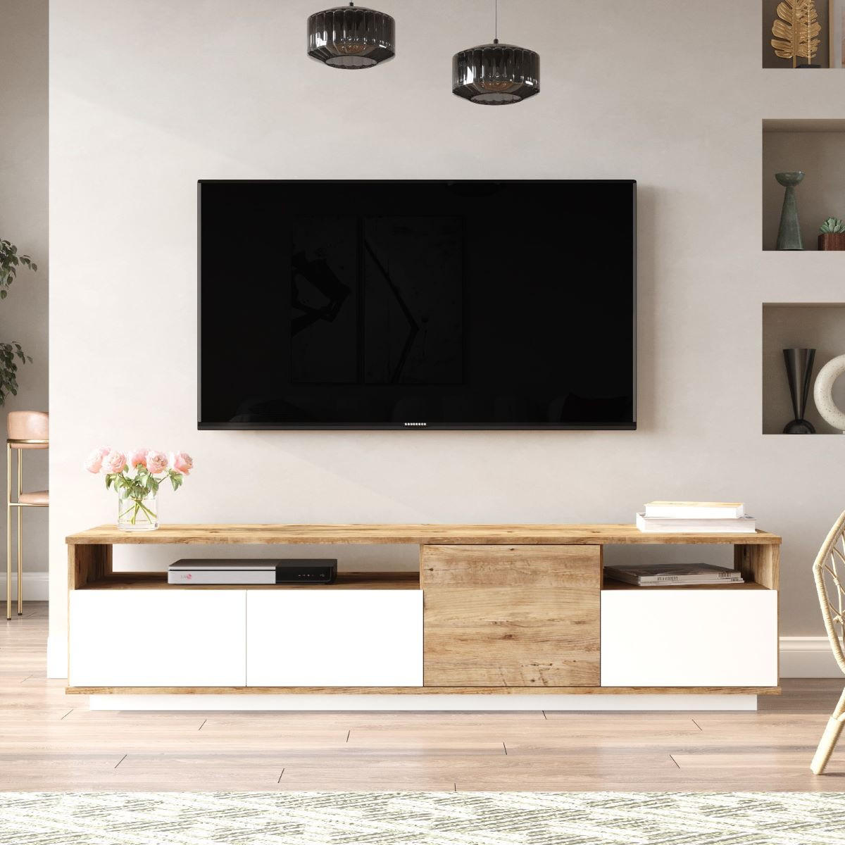 TV-MÖBEL mit 4 Türen & 2 Regalen - Holzfarben hell & Weiß - CEDONA - Naturfarben, Holz (44.5/44.6/180cm) - Vente-Unique