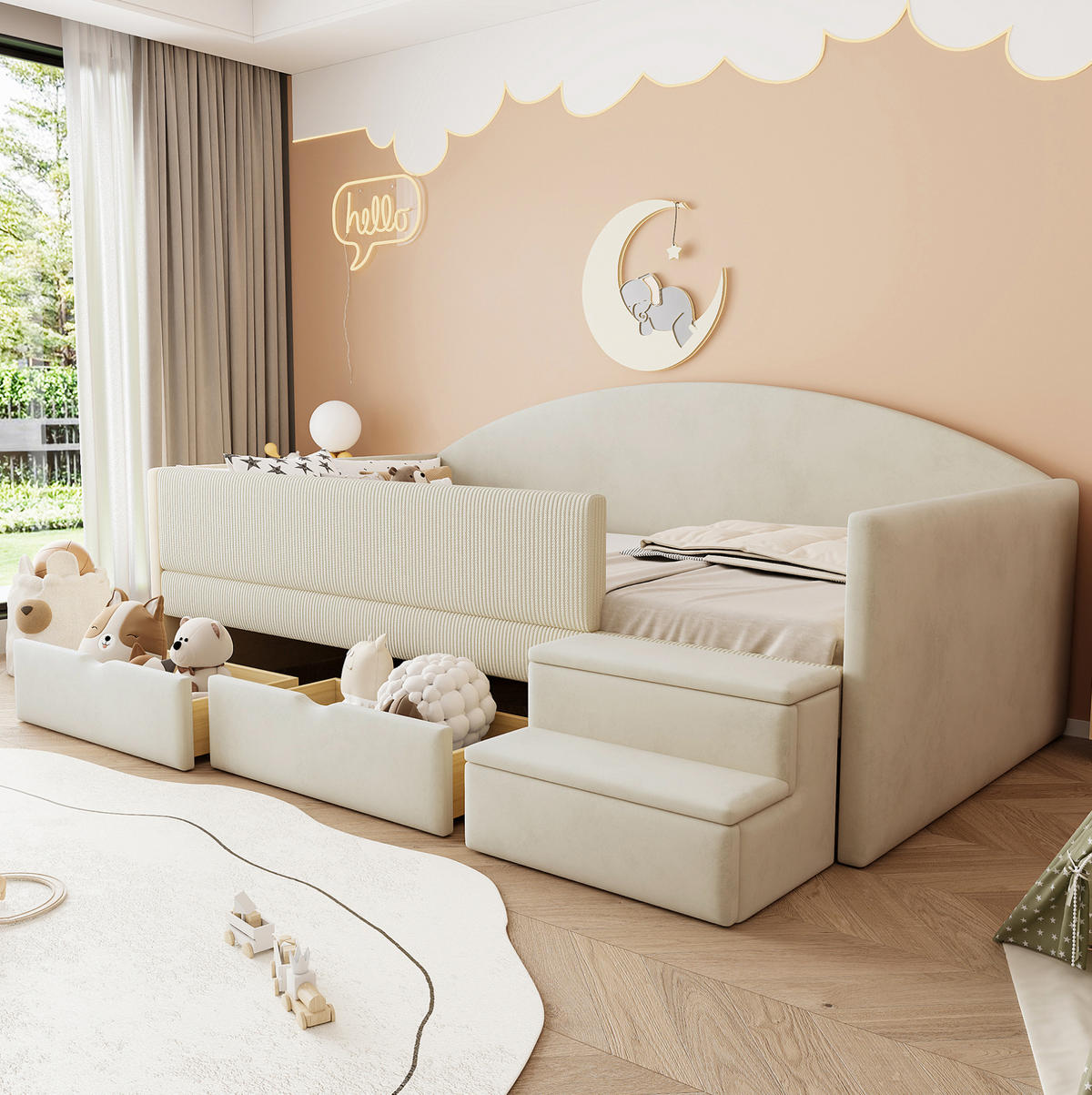 POLSTERBETT 90/190 cm aus Samt mit Schubladen und Stufen, Beige - Beige, Textil (90/190cm) - OKMYHOME