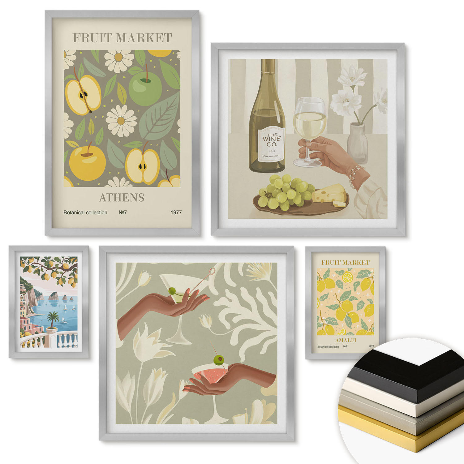 WANDBILDER 5er Set - 50x50 cm & 20x30 cm & 40x60 cm Silberner Rahmen - Vintage-Poster mit Fruchtmustern - Silberfarben, Kunststoff (40/60cm) - ArtPrintCave