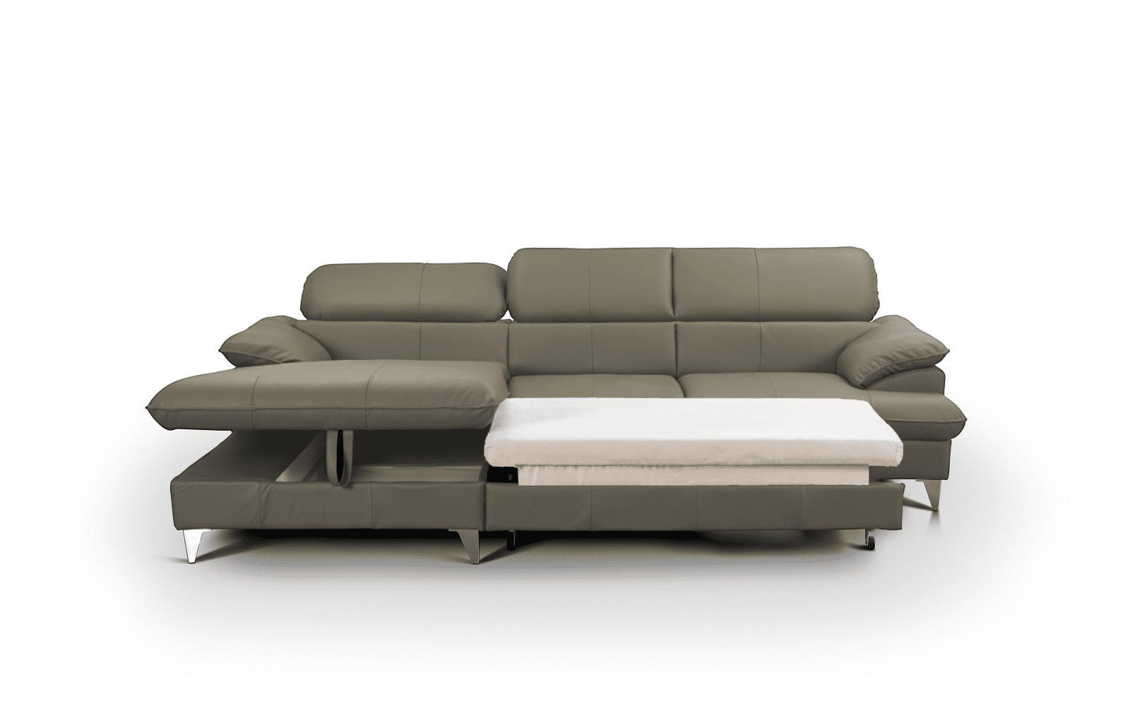 ECKSOFA mit Schlaffunktion und Bettkasten, Echtleder - Chromfarben/Hellgrau, Leder/Holz (254/167cm) - Cotta