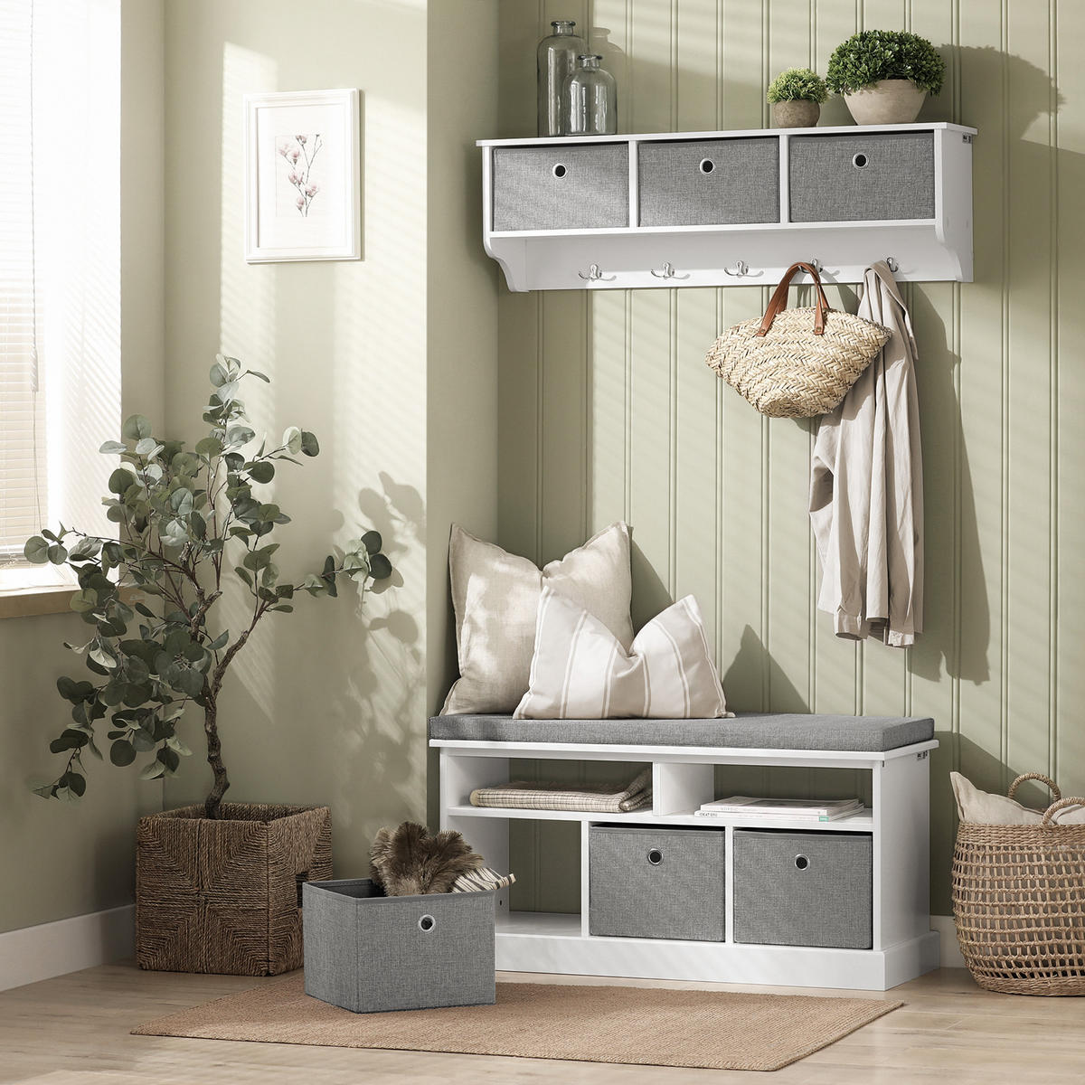 SCHUHBANK Grau - Weiß, Holzwerkstoff (96/50/35cm) - SoBuy