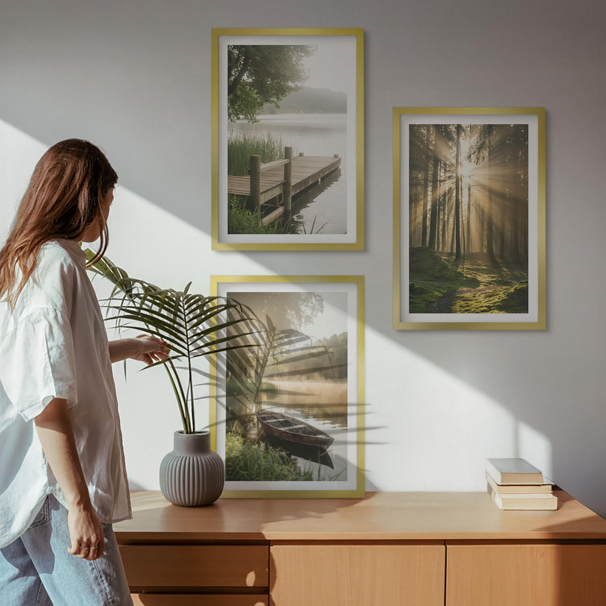 BILDER SET 3er Set - 40x60 cm Goldrahmen - See, Wald, Boot, Morgennebel - Goldfarben, Kunststoff (40/60cm) - TULUP