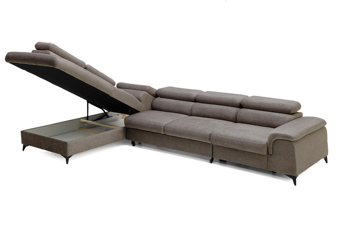 ECKSOFA Plaza Maxi Braun mit Schlaffunktion und Bettkasten 6x verstellbare Kopfstützen - Braun, Textil (350/203cm) - Muffo