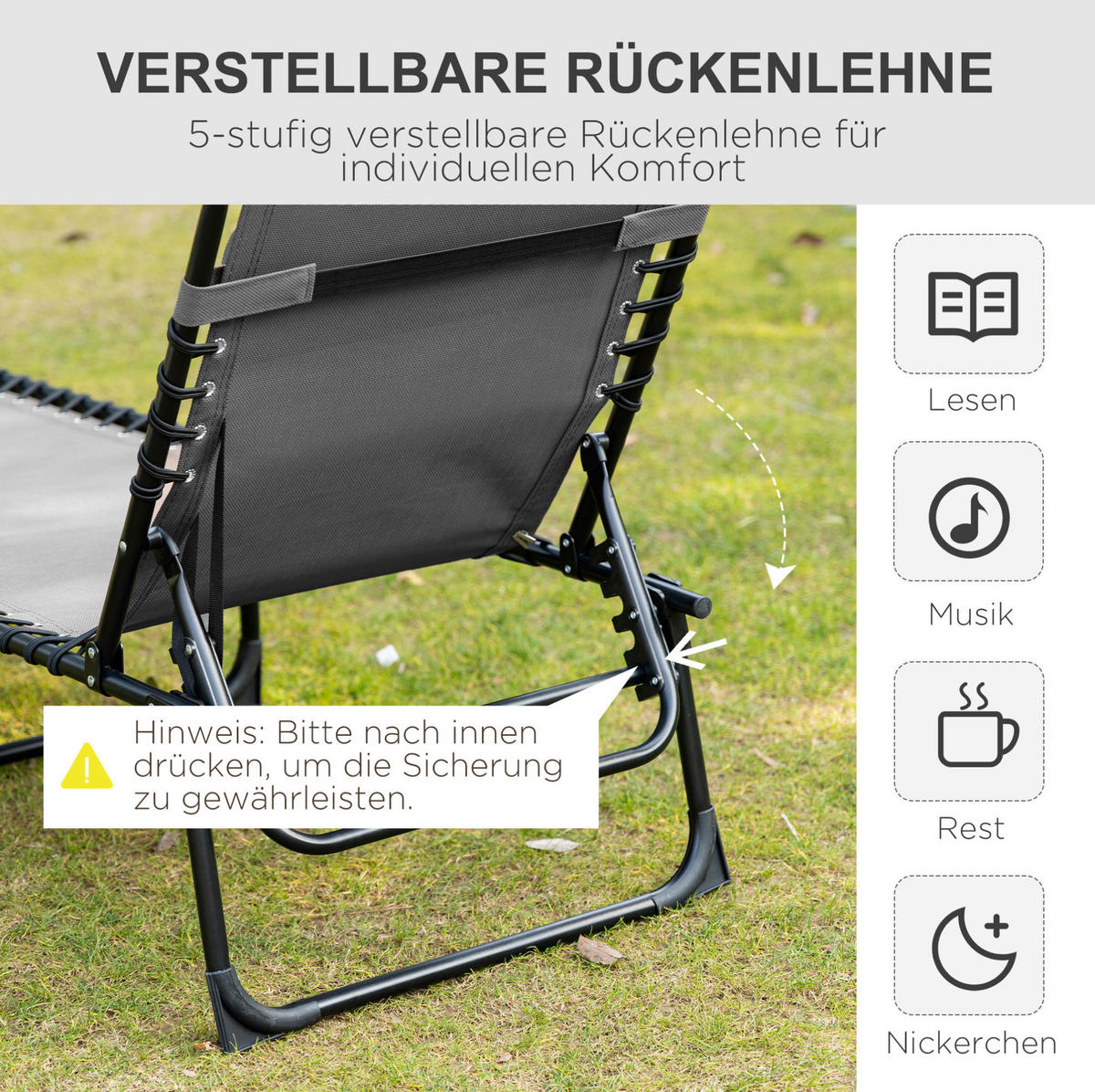 SONNENLIEGE aus Stahl 185x58x30 cm in Schwarz mit Kopfkissen & Seitentasche - Schwarz, Metall (58/30/185cm) - Modfu