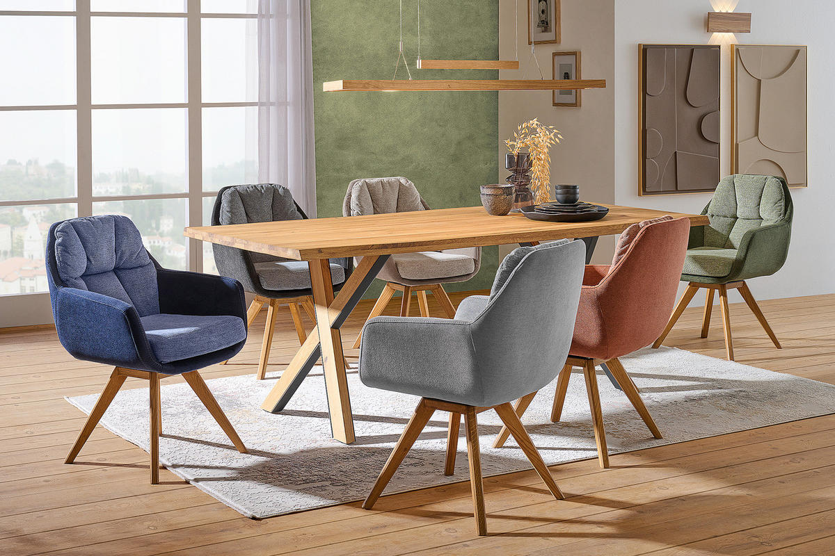 MASSIVER ESSTISCH - Eiche massiv - Eichefarben/Schwarz, Holz/Metall (100/200/76cm) - home24