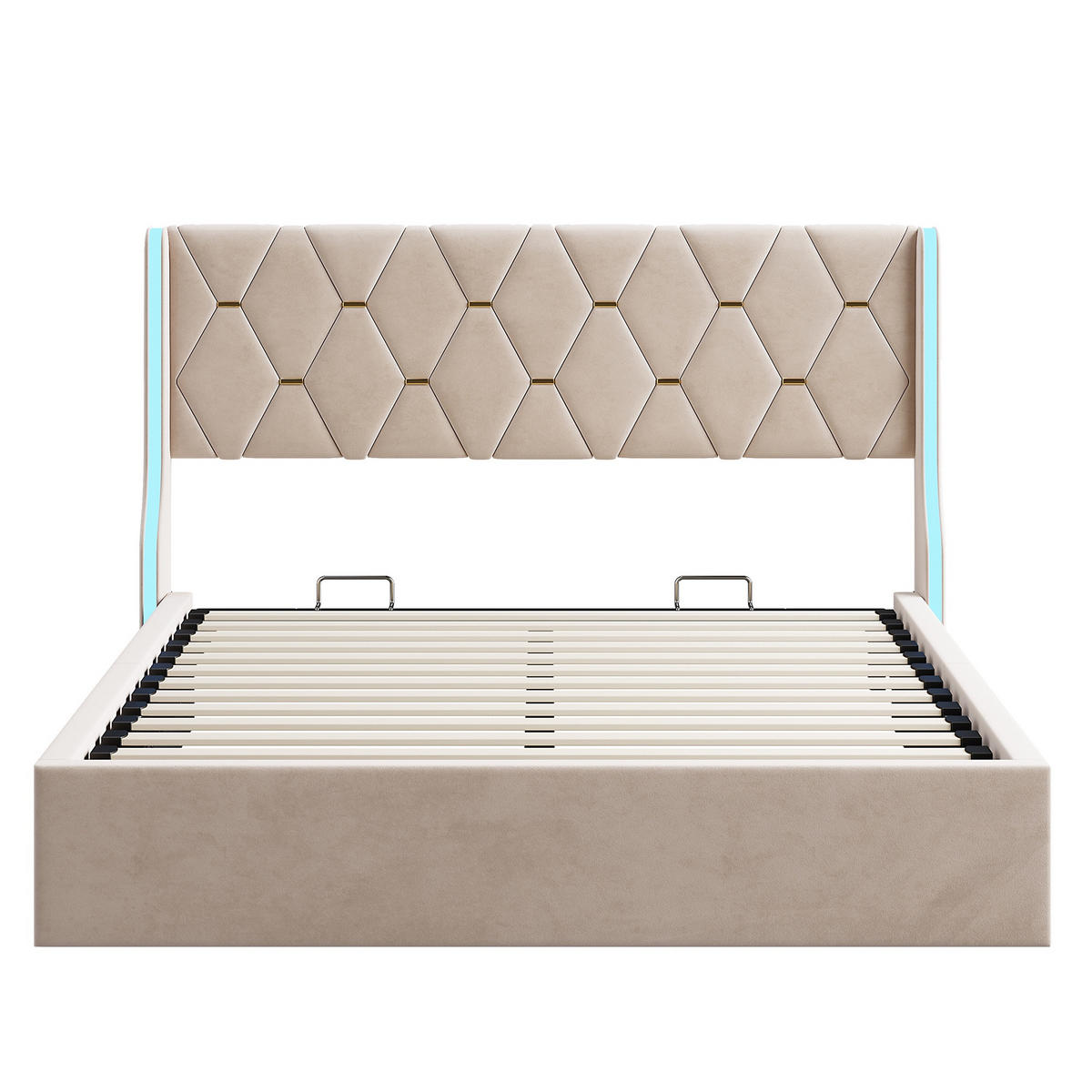 POLSTERBETT 140x200 cm mit Hydraulik-Stauraum Samt-Bezug LED-Beleuchtung an den Seitenflügeln Beige - Beige, Textil (140/200cm) - DELFA