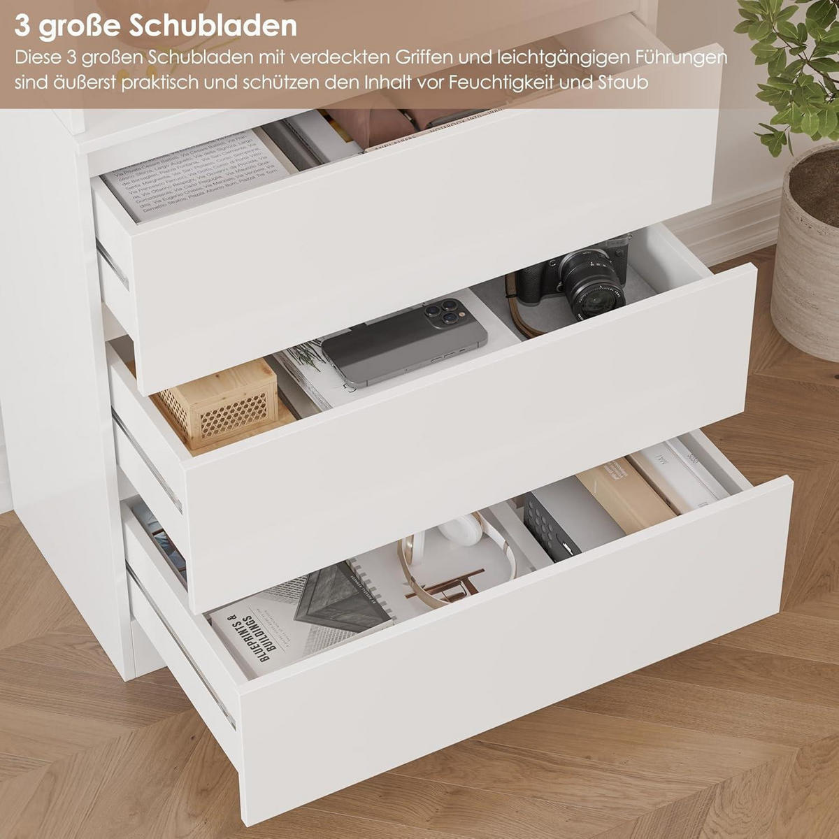 BÜCHERREGAL mit 3 Schubladen weiß 202 x 60 x 35 cm - Weiß, Holzwerkstoff (60/202/35cm)