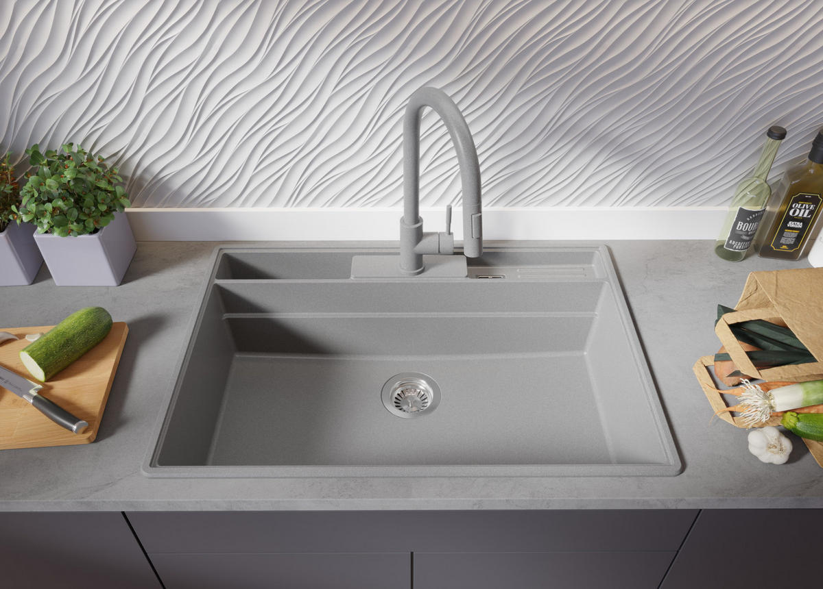 SPÜLBECKEN New York, 2-er set Grau 78/53 cm 1 Becken + Ablauf-Set + Küchenzubehörset ab 80er Unterschrank - Chromfarben/Beige, Kunststoff (78/20/53cm) - Primagran