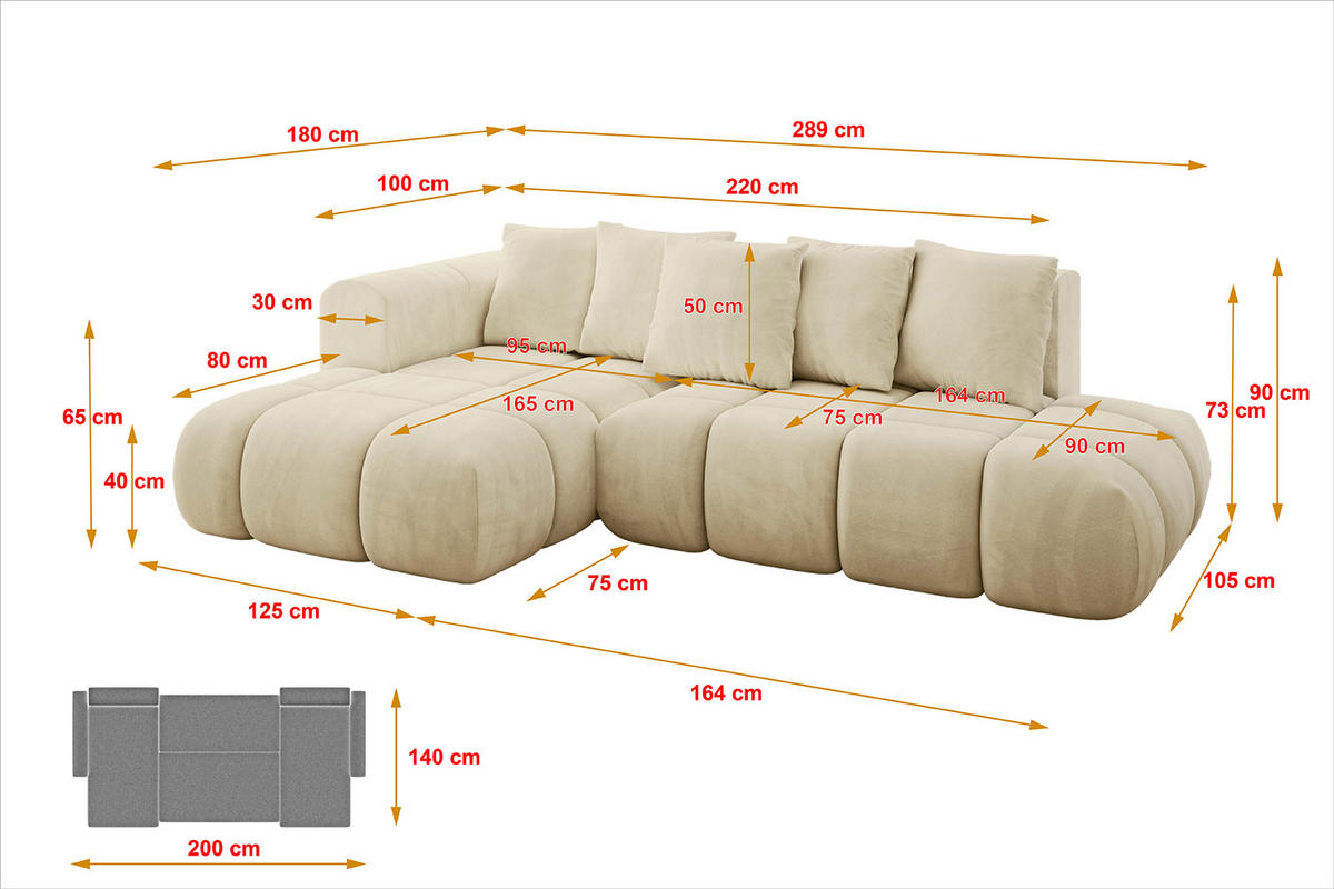 ECKSOFA Ottomane Links CLOUD-L-v1 289x180x40 Beige Velours - Beige, Holzwerkstoff/Kunststoff (180/289cm) - ALTDECOR