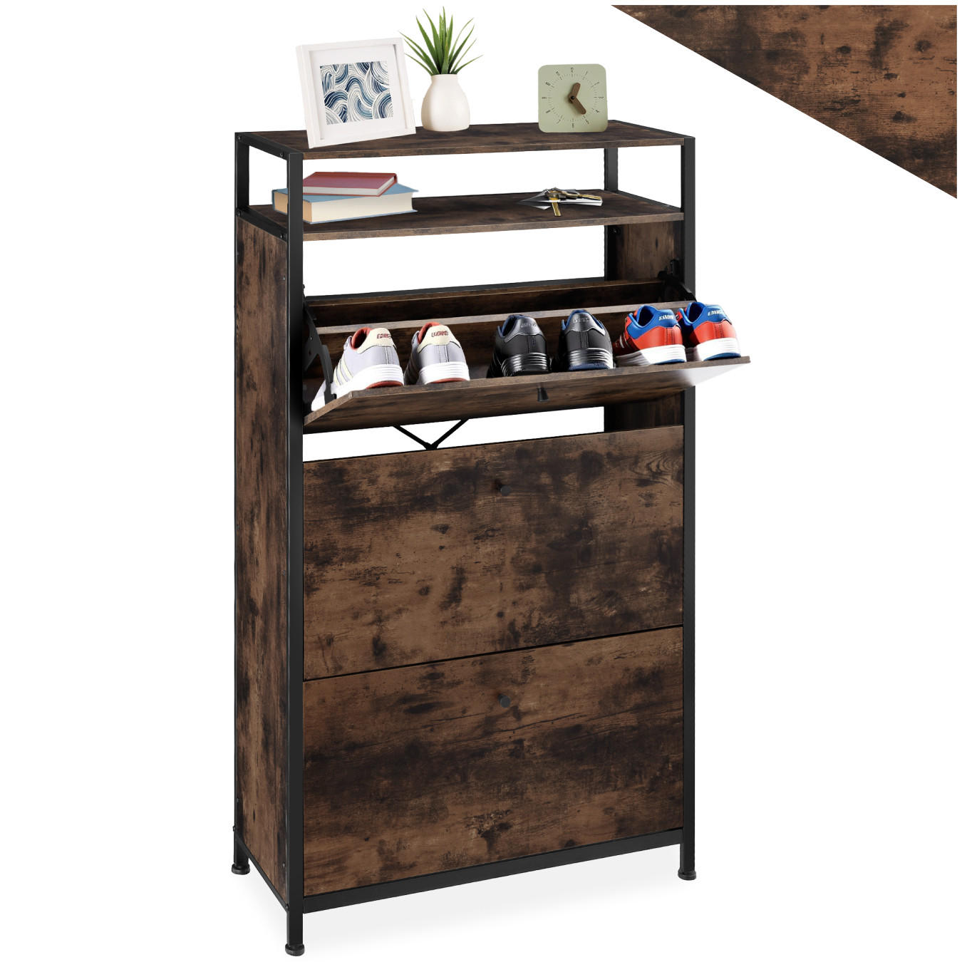 SCHUHSCHRANK Braddock,inklusive Kippschutz, 61 x 32 x 130 cm,Industrial Holz dunkel, rustikal - Rostfarben, Holzwerkstoff (32/130/61cm) - tectake