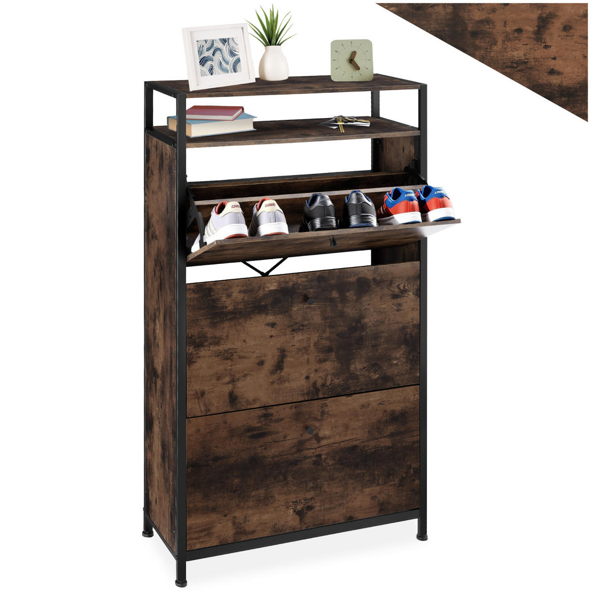 SCHUHSCHRANK Braddock,inklusive Kippschutz, 61 x 32 x 130 cm,Industrial Holz dunkel, rustikal - Rostfarben, Holzwerkstoff (32/130/61cm) - tectake